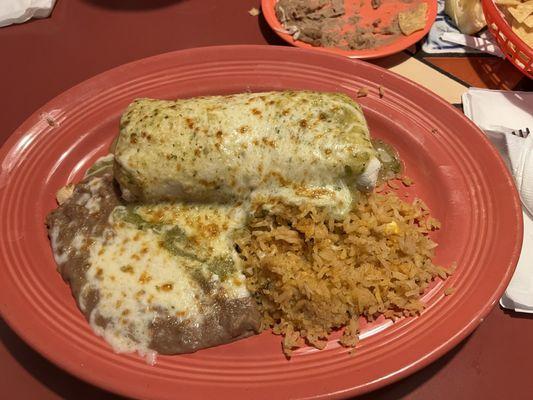 Grill chicken burrito green sauce rice and beans