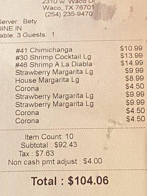 The cost of our meal for 3 people and drinks.