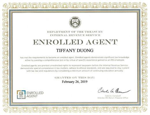 2019 Tiffany Duong Enrolled Agent Certificate until now!