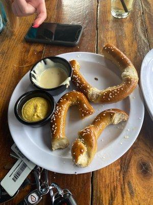 $5 pretzels (2) during happy hour with cheese and mustard. Very chill place, would come back.