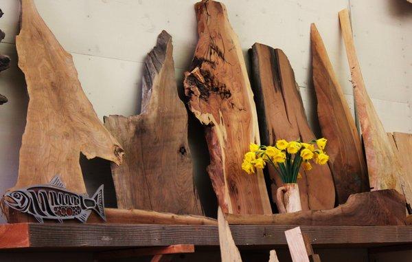 Tired daffodils still liven up the wood display on the wall at the Skagit Slab shop