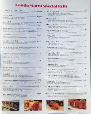 Special rolls menu (3/10/24)