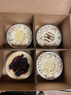 2 Key Lime Mini Pies 1 Peanut Butter Cream Mini Pie 1 blackberry Custard Mini Pie