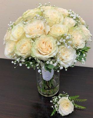 Two dozen white mondial rose wedding bouquet.