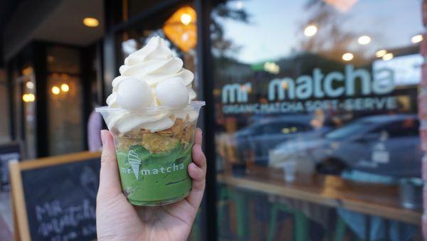 corn soft serve on top and matcha soft serve on bottom.  YOU CAN CHOOSE TWO FLAVORS FOR THEIR PARFAITS!