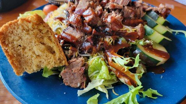 Brisket Salad: Shredded, not sliced, brisket; Cornbread was a great way to round out my meal!