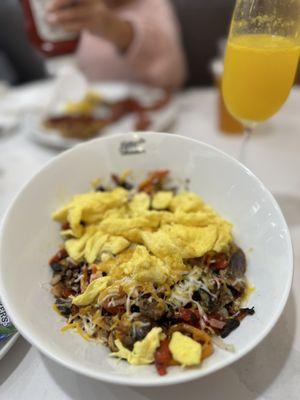 Veggie Skillet with scrambled eggs and a mimosa!!