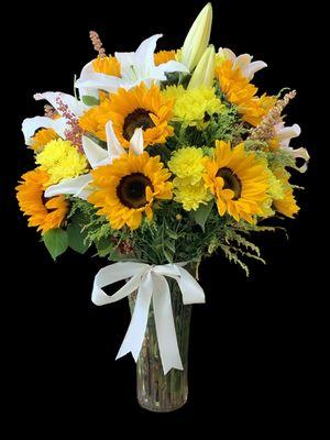 Sunflower vase with lilies pom-poms