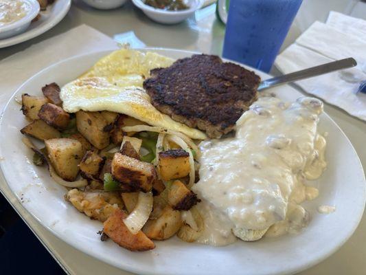 Country Breakfast with sausage, biscuits & gravy , 3 eggs, home fries