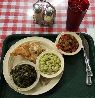 Lunch - consisting of a breast of baked chicken, collard greens, lima beans, stewed tomatoes with okra, and unsweetened ice tea.  YUM !