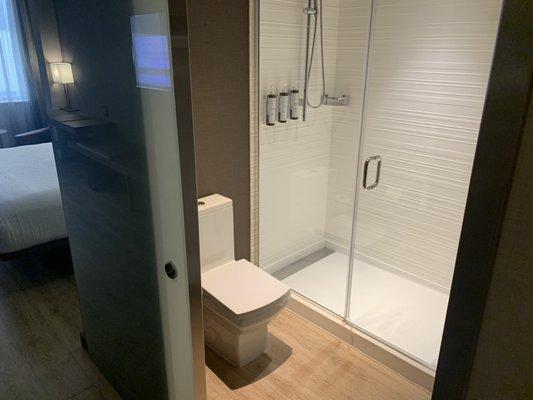 Square toilet! Nice waterfall shower