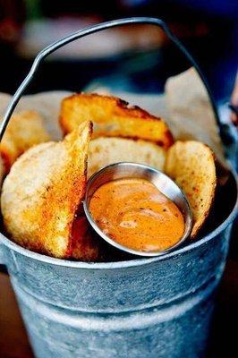 Handcut and Fried-to-Order Kennebec potato chip buckets with Chipotle Mayo Dipping Sauce