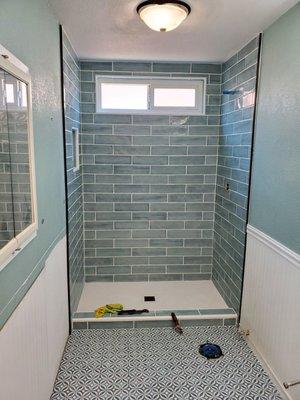 Photo of my finished shower installation with new tile!! I love it!!