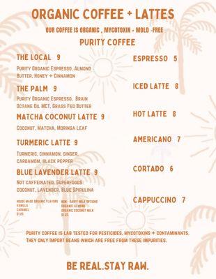 Organic Purity Mold Free Coffee + Lattes Menu