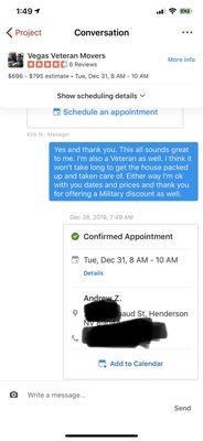 The message confirmation Kirk sent me confirming the Tuesday at 8am.