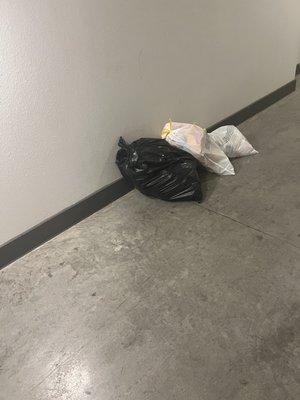 Trash that's been in the hallway since Friday Morning and it's now Saturday night.  Trash Pickup is Sunday Evening