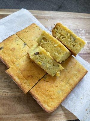 Mochi cornbread
(with chucks of grilled corn and serrano chilis this cornbread will brighten up any meal)
*seasonal* not too sweet