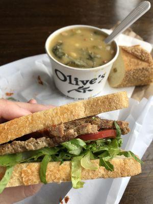 Half Meatloaf sandwich and Portuguese chickpea soup