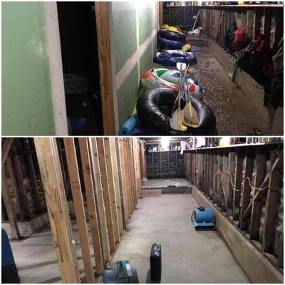 Before and after a flood damage clean up. The water was about 6 feet up the walls.