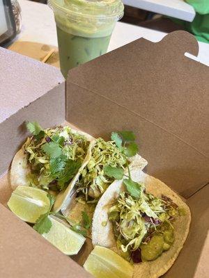 Fish taco and Matcha Latte