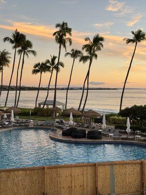 View from deck of resort, looking out to beach