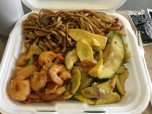 Lunch Combo with Spicy Shrimp, Vegetable Medley, and Lo Mien!