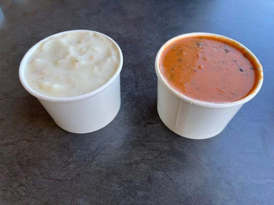 Clam chowder and tomato basil soups