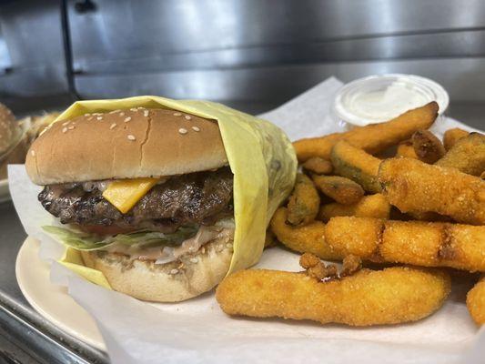 Burger and zucchini fries