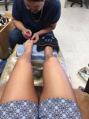 Pedicure with shellac polish that lasts me up to 1mo even with daily workouts and wearing heels regularly .