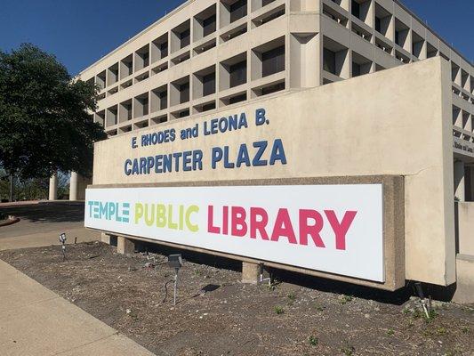 The main Temple Public Library sign.