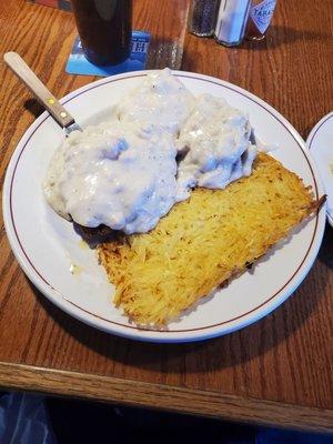 Chicken Fried Chicken, Hashbrowns, biscuits and gravy