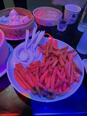 Sweet potato fries and soup dumplings these were ok