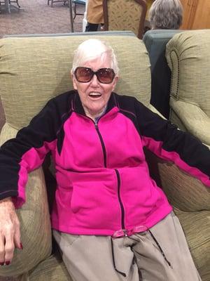 One of my favorite residents wearing my sunglasses and making me laugh!