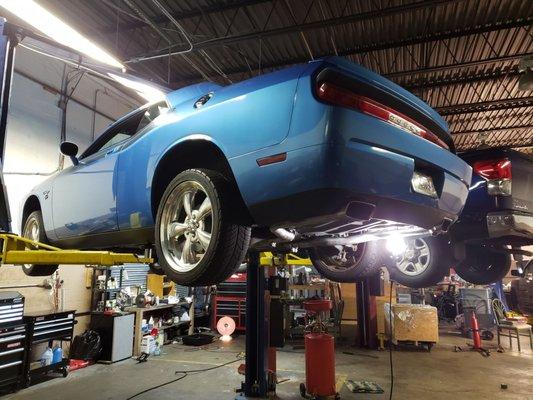 Dodge Challenger getting performance exhaust installed