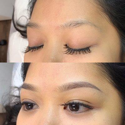 Before and after powdered ombré brow tattoo, light color selection available for clients nervous of tattoo coming out too dark