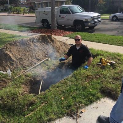 The plumber replacing my main line in the front yard. He is a nice young man and he clean up every thing when he was done.