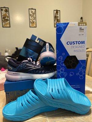 Brooks Glycerin, custom insoles ( a must have) cushy socks and some house shoes.