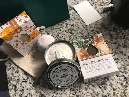 Soap, body butter and bath bomb