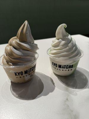 Hojicha & black sesame soft serve and milk & matcha soft serve