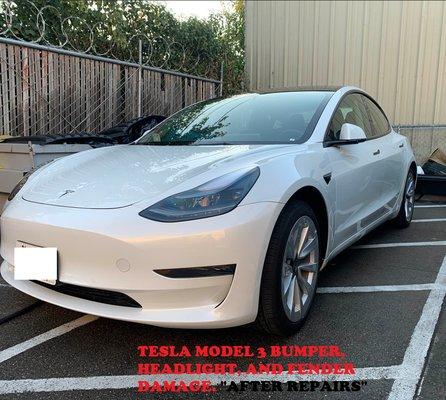 TESLA MODEL3 FRONT LEFT DAMAGE. 

**AFTER REPAIRS**