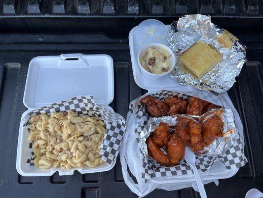 Bacon Mac and cheese, sweet and spicy chicken wings, grandmas banana pudding with candied pecans and cornbread