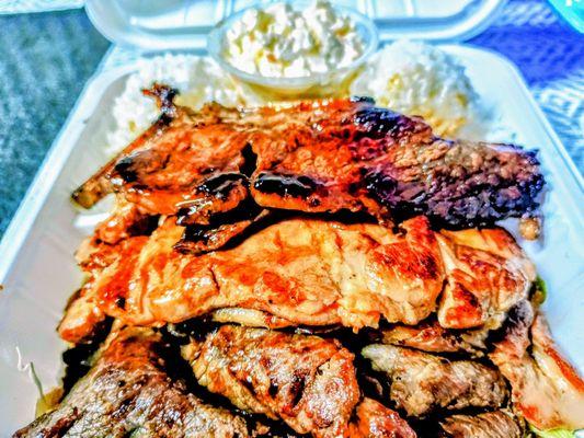 BBQ Mix - Marinated goodness all in 1 plate. BBQ Beef, BBQ Chicken + BBQ Shortrib w/ White Rice + Macaroni Salad.