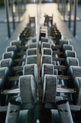 Apartment gym dumbbell rack, used for private sessions.