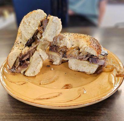 PRIME RIB!!-Sautéed onions, mushrooms, swiss cheese, horse radish sauce, OR however you like - on a bagel of your choice!