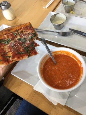 Personal cheese pizza with basil and tomato bisque soup. Very good! Forgot to take a photo of the Caesar salad :) it was very good!