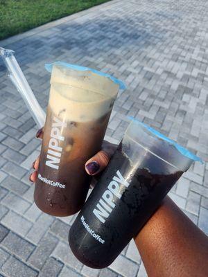 cold brew with vanilla protein shot and a regular cold brew.