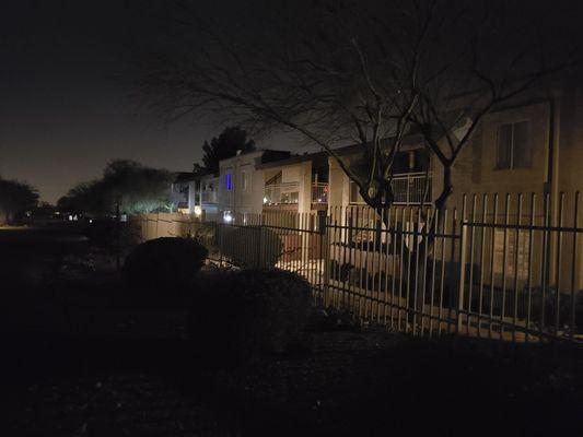 The apartment complex at night