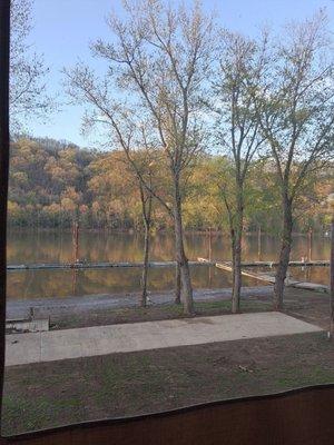 Seating outside with a river view.