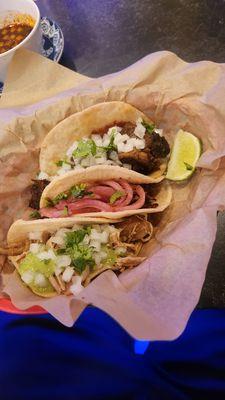 Tacos: carnitas, Citrus Braised Pork Shoulder, and beef birria