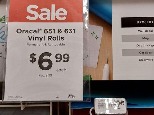 Oracal vinyl rolls 653 631 sale $6.99 reg $9.99 see?